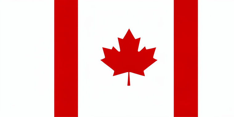 The flag of Canada with two red vertical bands flanking a white square containing a red 11-pointed maple leaf