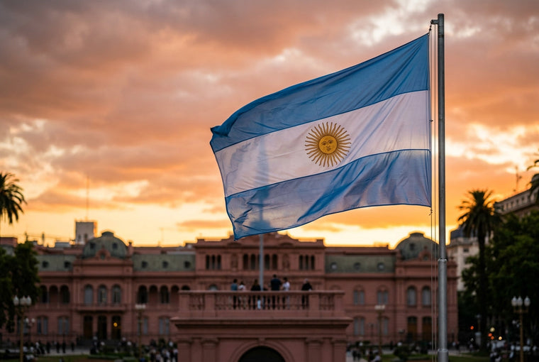 Argentine flag flying above the Casa Rosada in Buenos Aires at golden hour