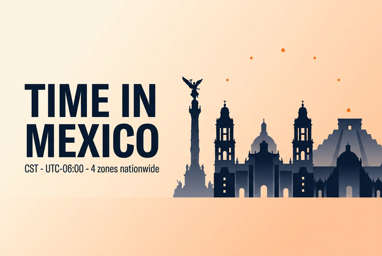 Time in Mexico banner with Angel of Independence monument, Metropolitan Cathedral and Pyramid of the Sun silhouette on peach gradient, labelled CST UTC-06:00 4 zones nationwide