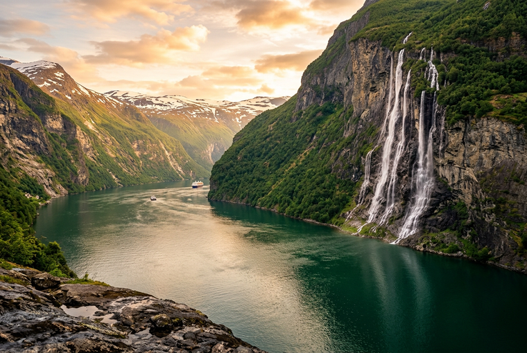Geirangerfjord at golden hour with Seven Sisters waterfalls — photograph representing Norway time zone CET UTC+01:00 CEST UTC+02:00