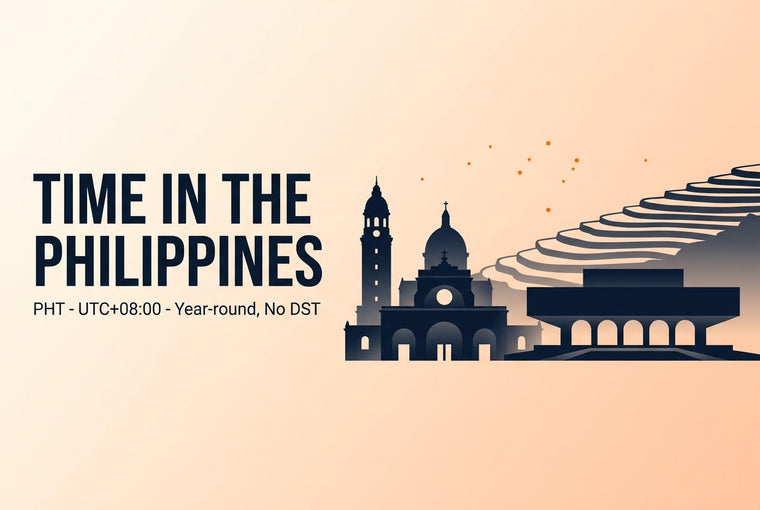 Time in the Philippines banner with Manila Cathedral, Cultural Center of the Philippines and Banaue Rice Terraces silhouette on peach gradient, labelled PHT UTC+08:00 year-round no DST