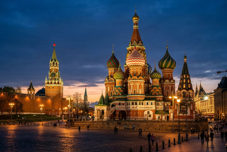 Saint Basil's Cathedral on Moscow Red Square at twilight — photograph representing Russia time zone MSK UTC+03:00