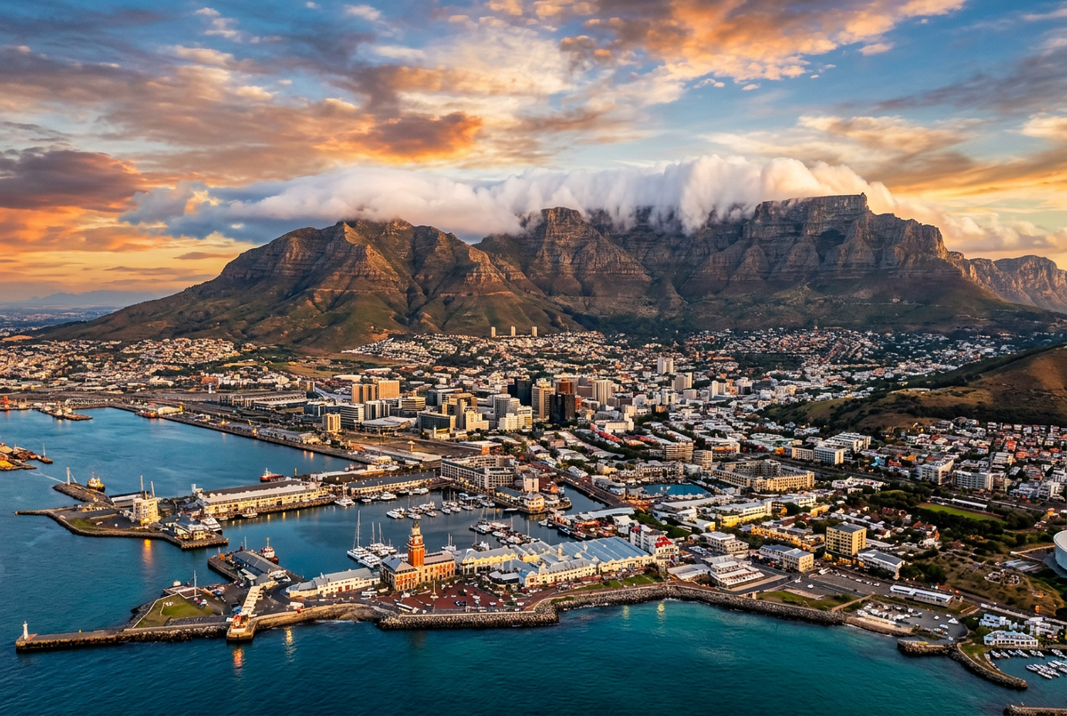 Table Mountain rising above Cape Town at sunset — photograph representing South Africa time zone SAST UTC+02:00