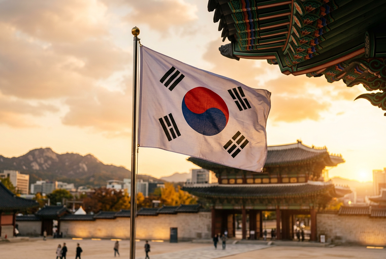Taegukgi flying above Gyeongbokgung Palace gate in Seoul at golden hour