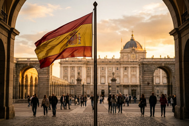 Spanish flag flying above the Palacio Real in Madrid at golden hour