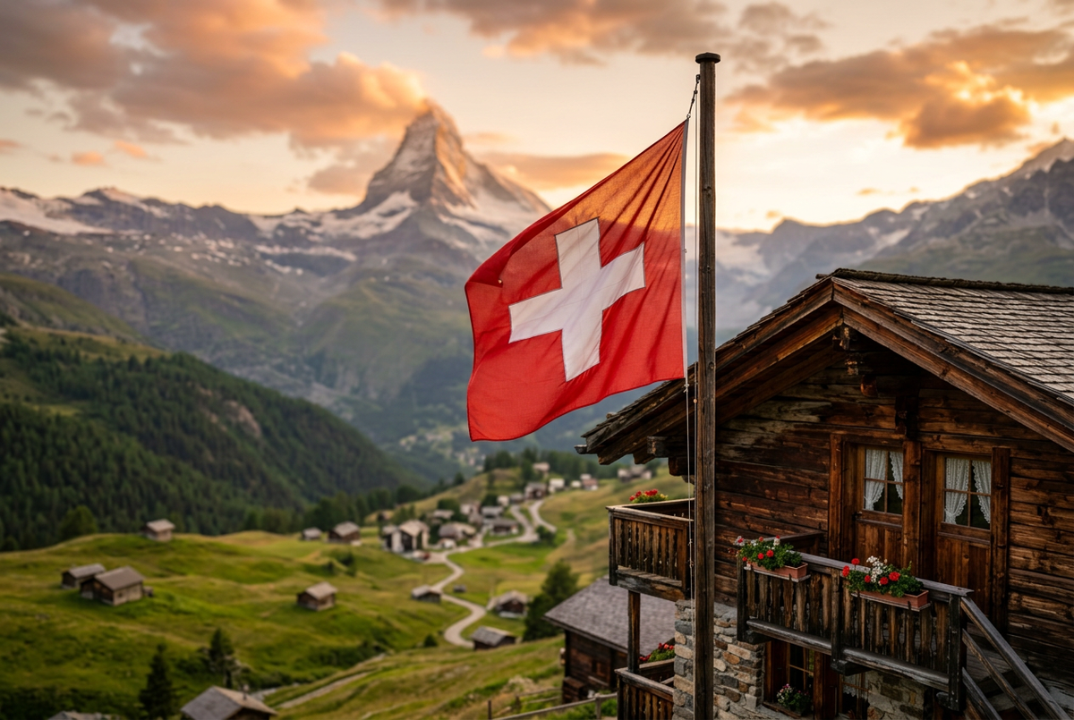 Swiss flag flying above a wooden chalet in the Swiss Alps at golden hour with Matterhorn-style mountains