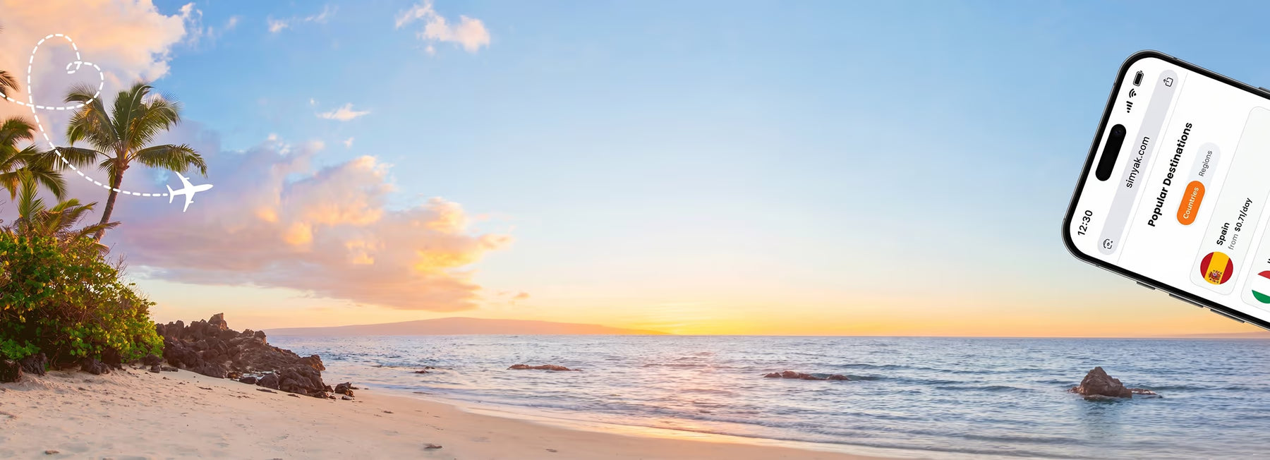 Tropical beach at sunset with palm trees and the SimYak app showing popular eSIM travel destinations on a smartphone