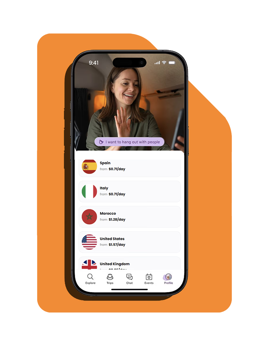 SimYak eSIM app on a smartphone showing a video call and country data plans for Spain, Italy, Morocco, the US and UK